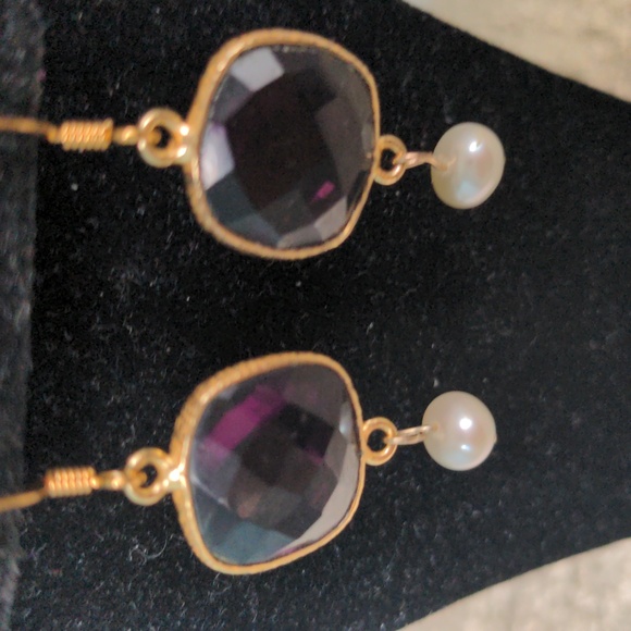 Amethyst & pearl earrings. New, Handcrafted. Drop, dangle , Gold plated. Box - Picture 2 of 4